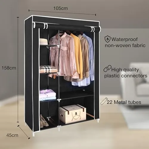 AROME PUR Canvas Wardrobe Organizer Clothes Rail Shelves Storage Closet Double Short (Black)