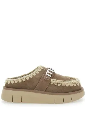 'Bounce' Grey Mules With Logo Lettering And Open Rear In Leather Woman