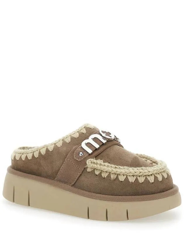 'Bounce' Grey Mules With Logo Lettering And Open Rear In Leather Woman