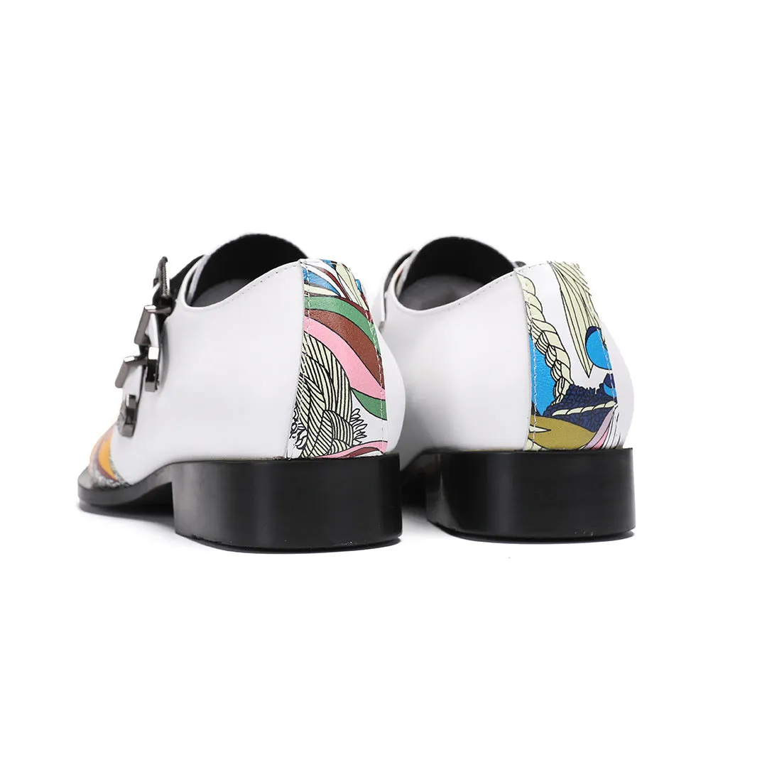 British leather shoes spring men's color matching white brown cowhide business casual single shoes Brock engraved retro formal men's shoes