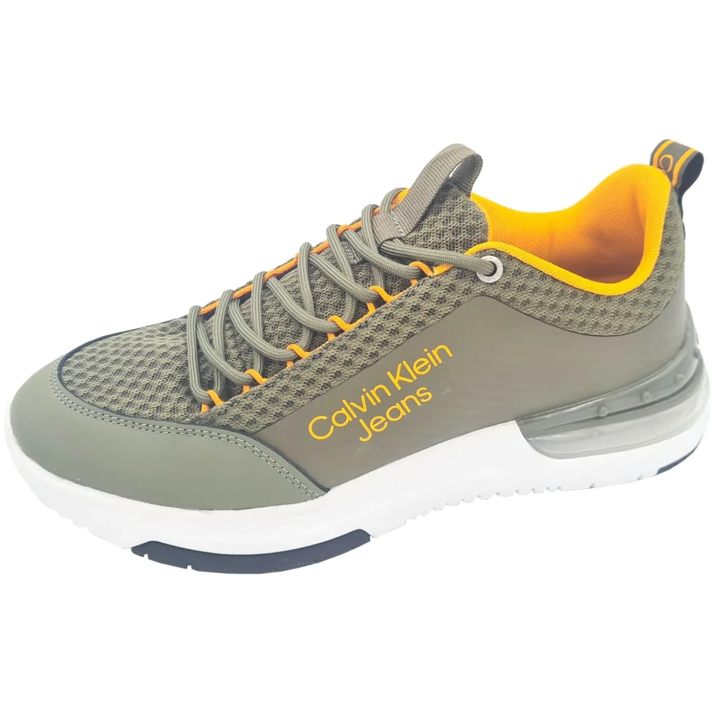 Calvin Klein Jeans Sporty Runner Comfair Olive White Mens Leather Trainers