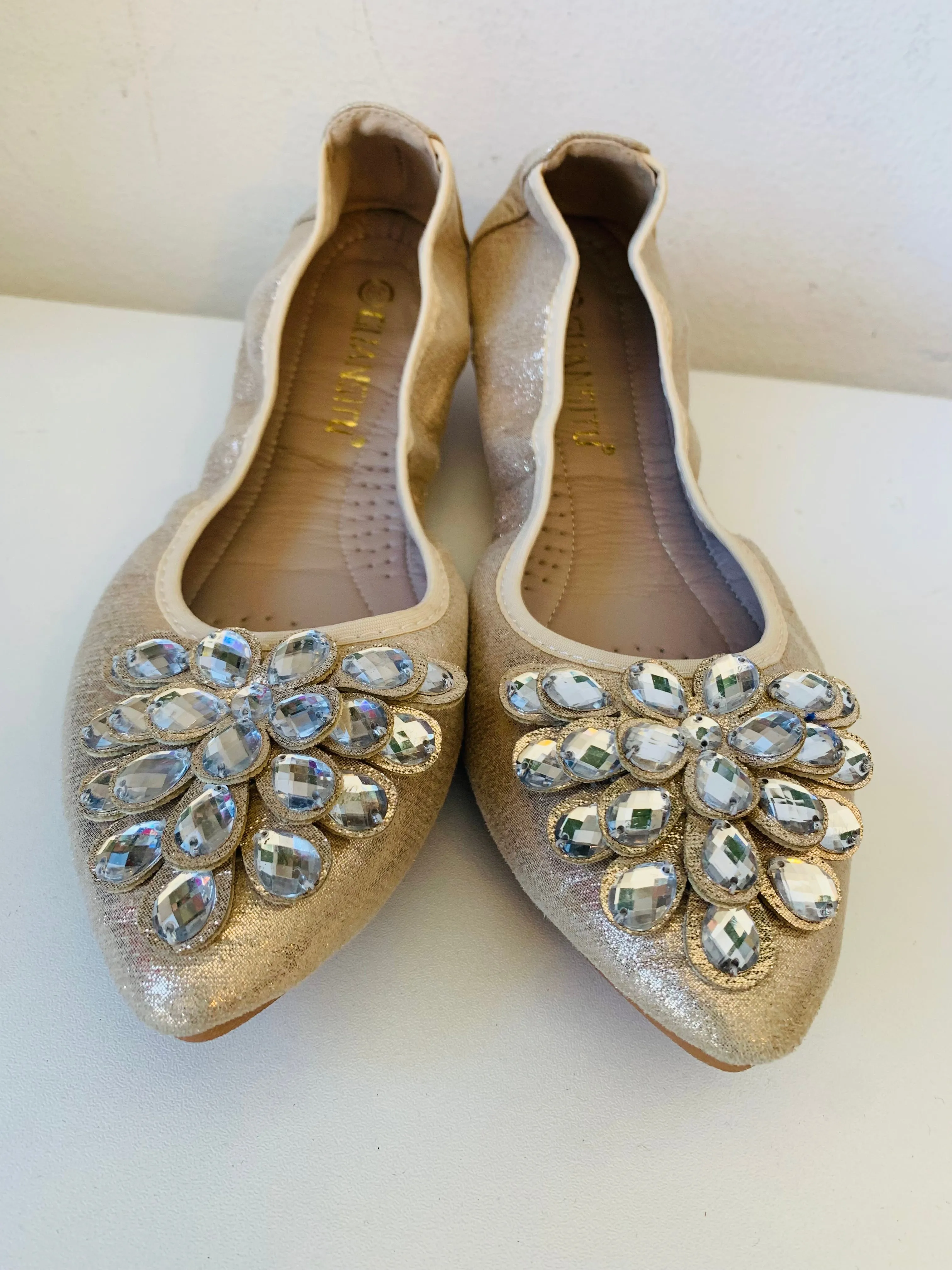 Guansito Gold Metallic Rhinestone Foldable Ballet Flats Size 39