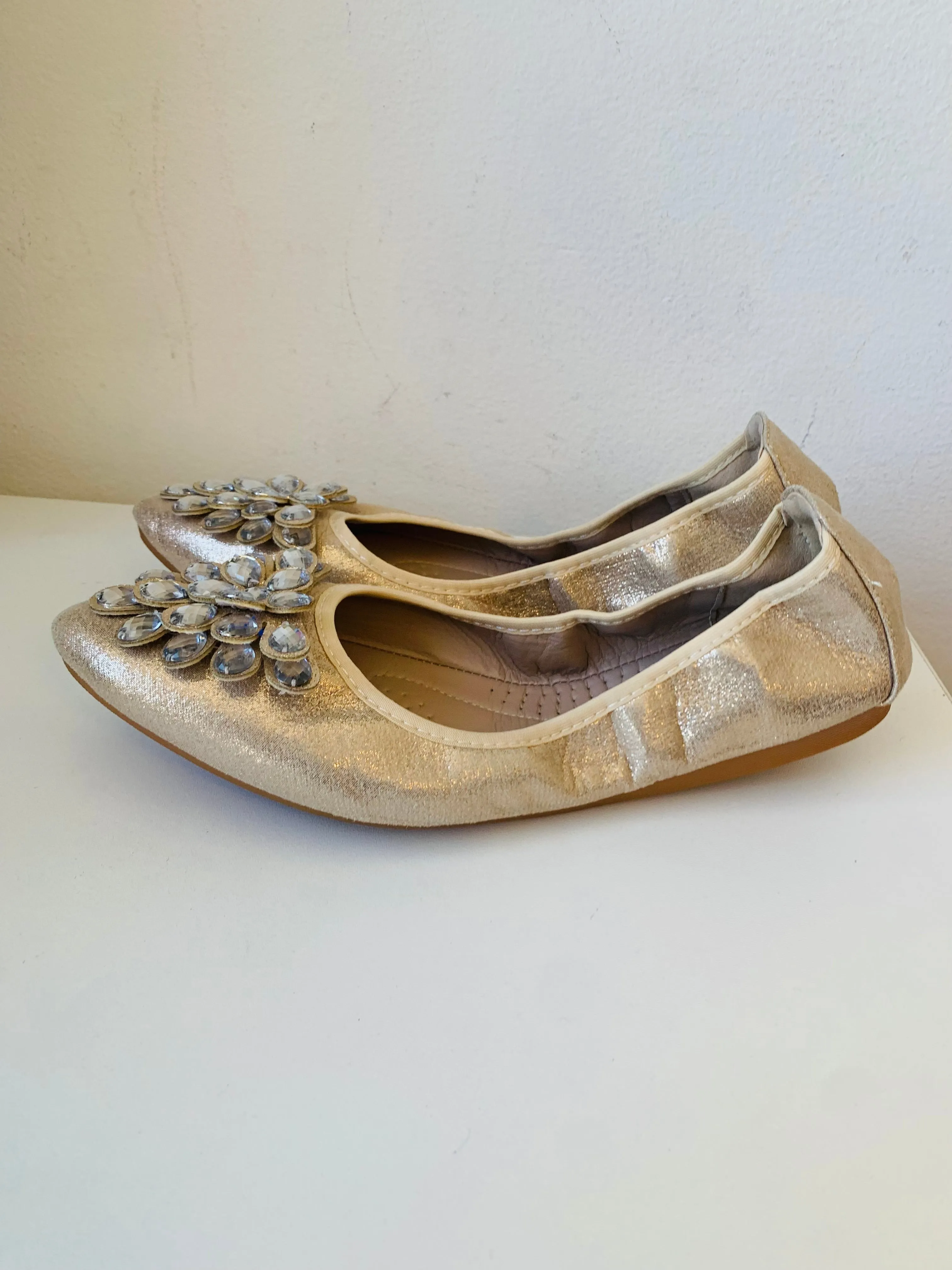 Guansito Gold Metallic Rhinestone Foldable Ballet Flats Size 39