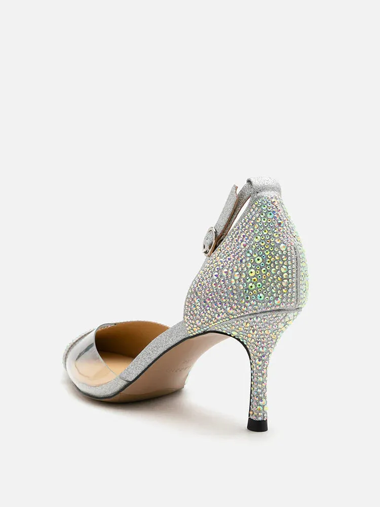 Madeline Crystal V-Cut Ankle Strap Pump Heels