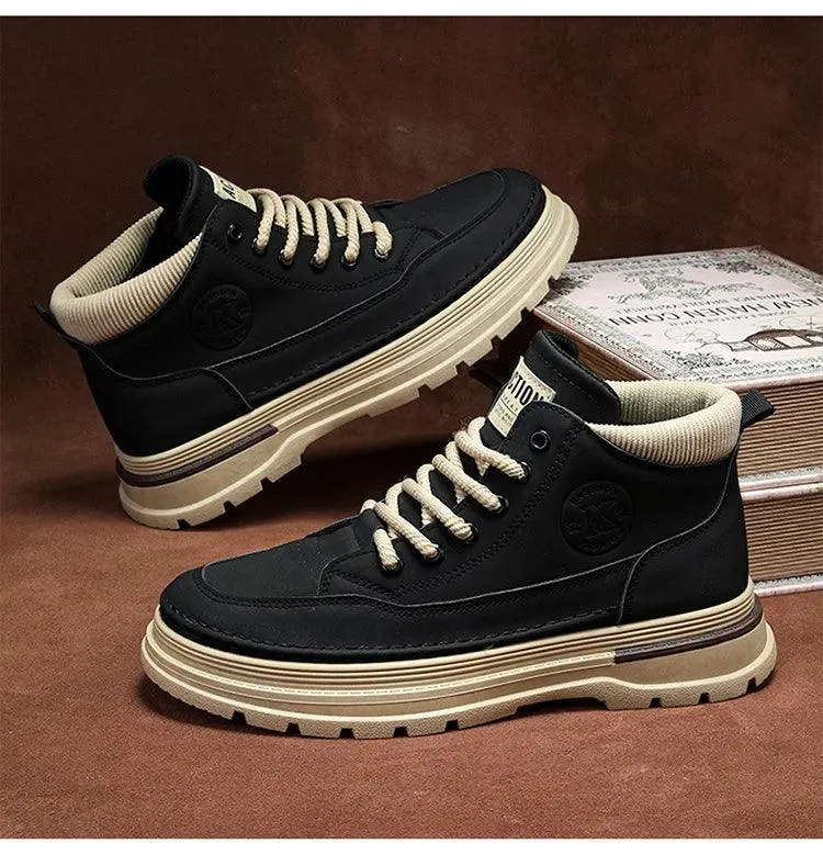 Men's High-Top Leather Work Boots – Yellow Casual Hiking Boots with Thick Bottom