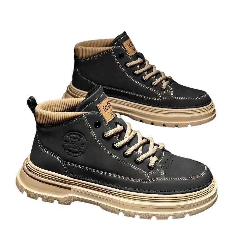 Men's High-Top Leather Work Boots – Yellow Casual Hiking Boots with Thick Bottom