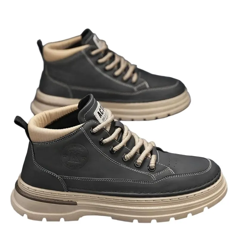 Men's High-Top Leather Work Boots – Yellow Casual Hiking Boots with Thick Bottom