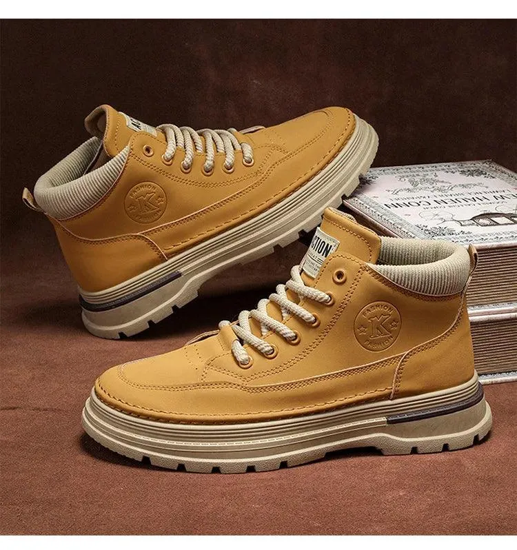 Men's High-Top Leather Work Boots – Yellow Casual Hiking Boots with Thick Bottom