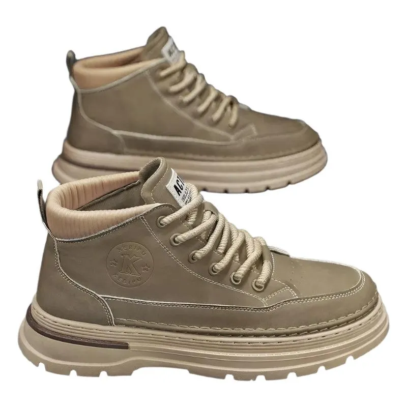 Men's High-Top Leather Work Boots – Yellow Casual Hiking Boots with Thick Bottom