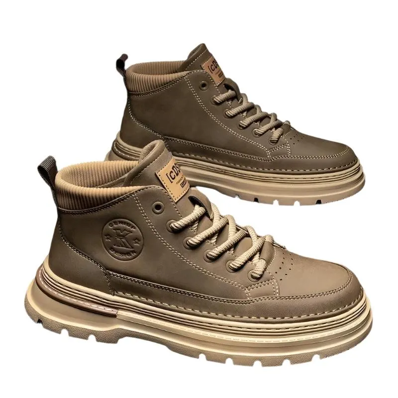 Men's High-Top Leather Work Boots – Yellow Casual Hiking Boots with Thick Bottom