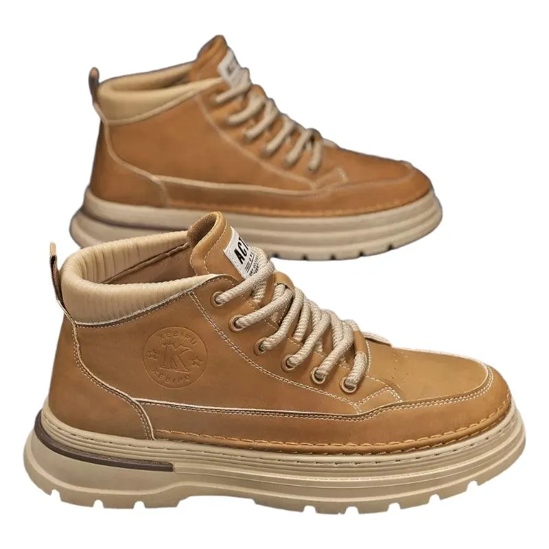 Men's High-Top Leather Work Boots – Yellow Casual Hiking Boots with Thick Bottom