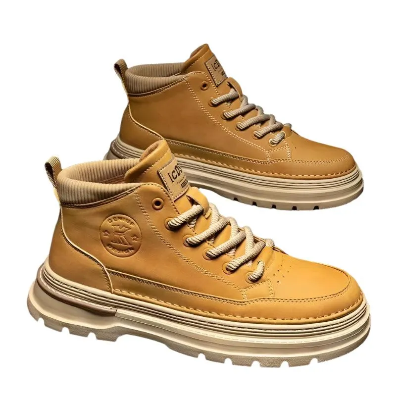 Men's High-Top Leather Work Boots – Yellow Casual Hiking Boots with Thick Bottom