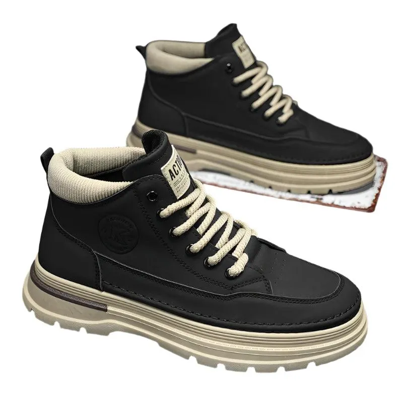 Men's High-Top Leather Work Boots – Yellow Casual Hiking Boots with Thick Bottom