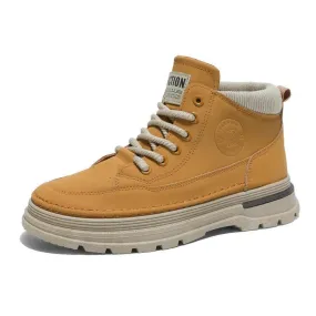 Men's High-Top Leather Work Boots – Yellow Casual Hiking Boots with Thick Bottom