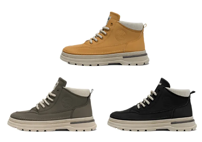 Men's High-Top Leather Work Boots – Yellow Casual Hiking Boots with Thick Bottom