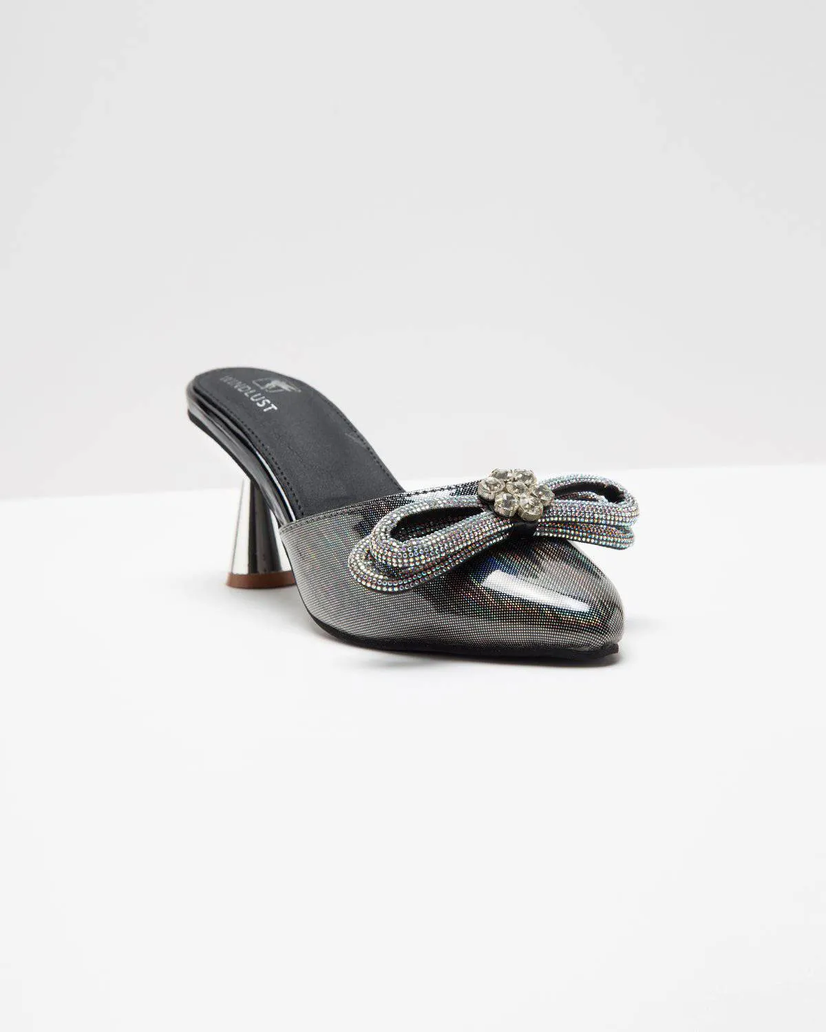 Metallic Grey Embellished Bow Heels