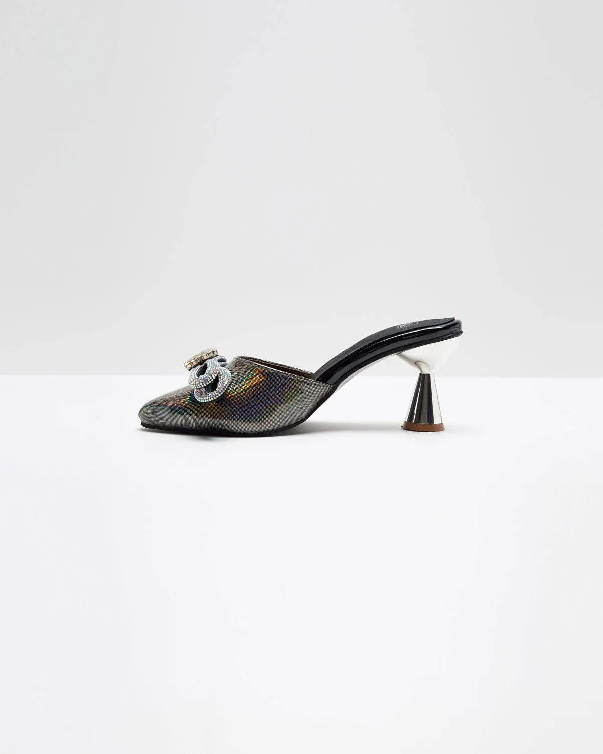 Metallic Grey Embellished Bow Heels