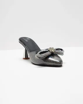Metallic Grey Embellished Bow Heels