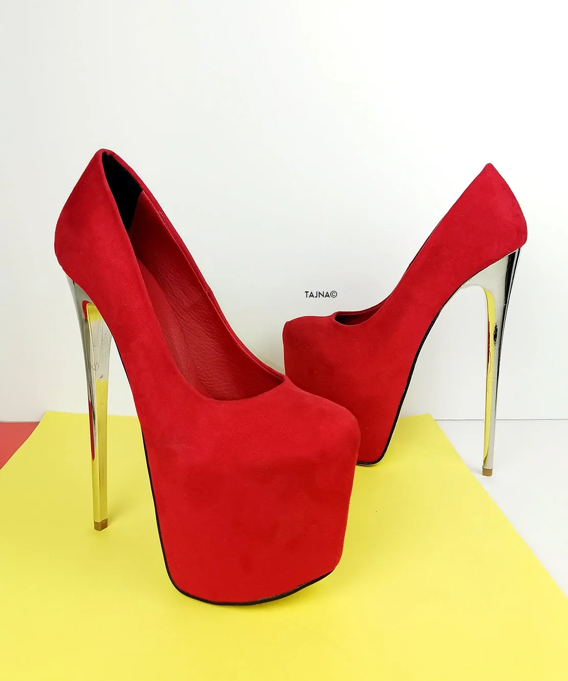 Red Suede Metallic Heel Pumps