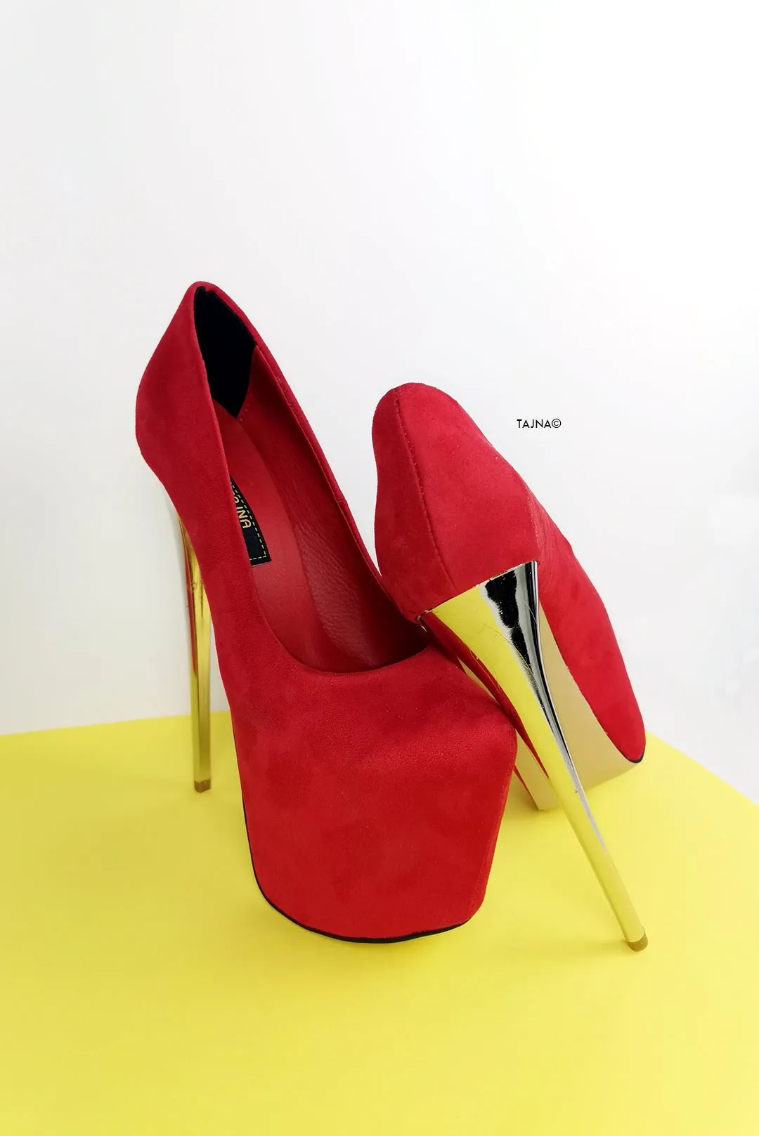 Red Suede Metallic Heel Pumps