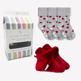 Stay-on, Non-Slip Crimson Red Velvet Booties   Hart Sock Bundle