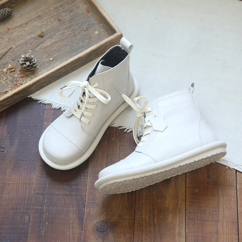 Women Soft Cowhide Leather Retro Solid Flat Boots