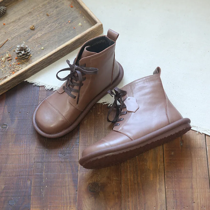 Women Soft Cowhide Leather Retro Solid Flat Boots