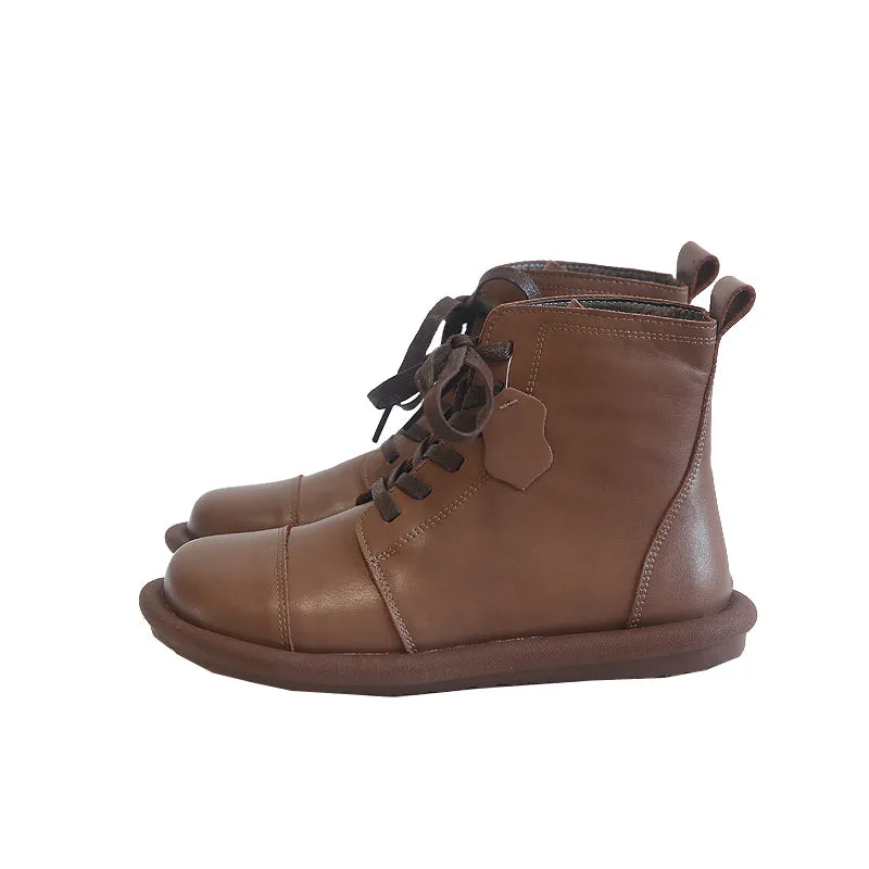 Women Soft Cowhide Leather Retro Solid Flat Boots