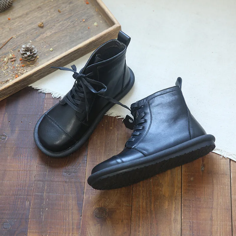 Women Soft Cowhide Leather Retro Solid Flat Boots