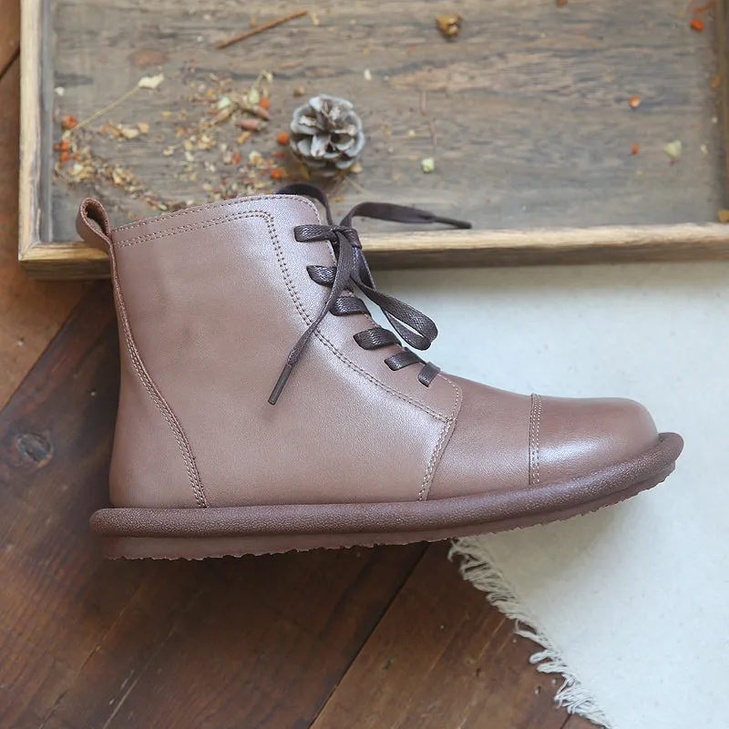 Women Soft Cowhide Leather Retro Solid Flat Boots