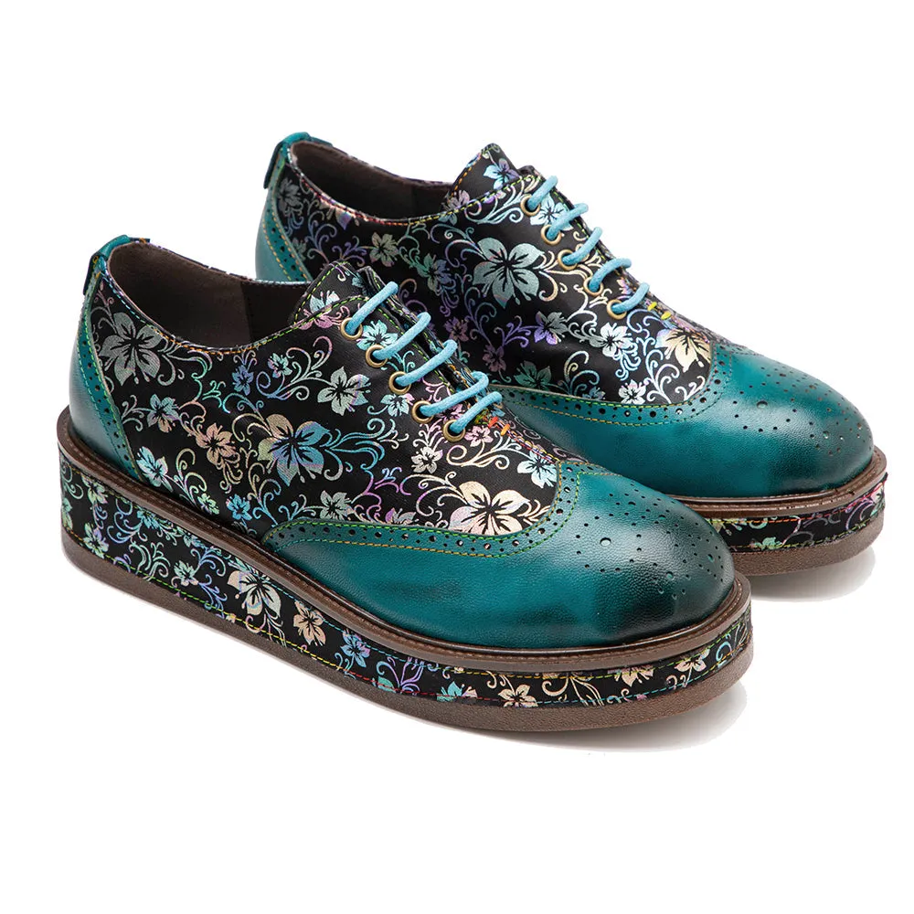 Zalor Green Platform Patterned Leather Lace-up Casual Vintage Shoes