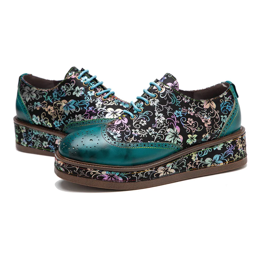 Zalor Green Platform Patterned Leather Lace-up Casual Vintage Shoes