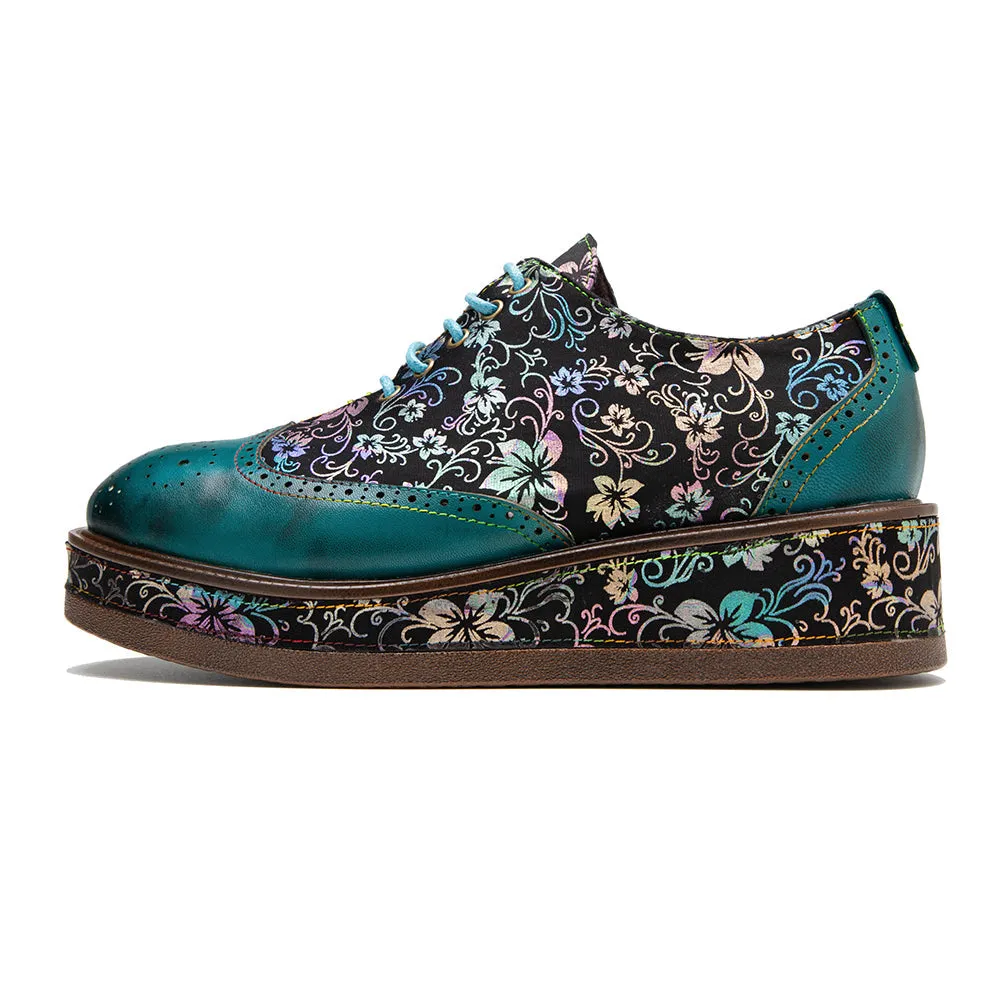 Zalor Green Platform Patterned Leather Lace-up Casual Vintage Shoes