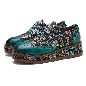 Zalor Green Platform Patterned Leather Lace-up Casual Vintage Shoes
