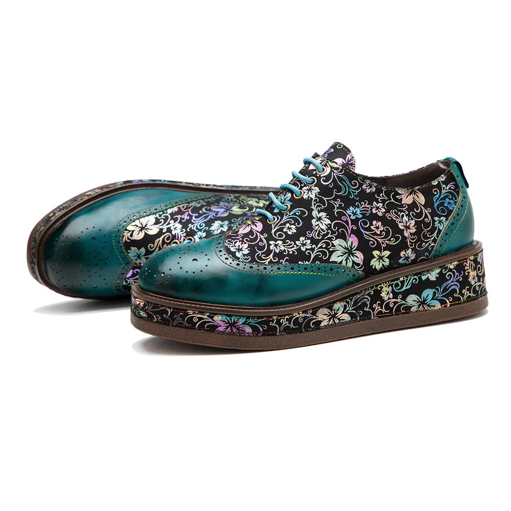 Zalor Green Platform Patterned Leather Lace-up Casual Vintage Shoes