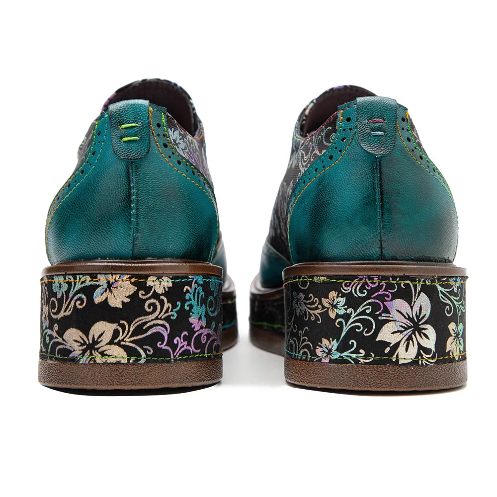Zalor Green Platform Patterned Leather Lace-up Casual Vintage Shoes