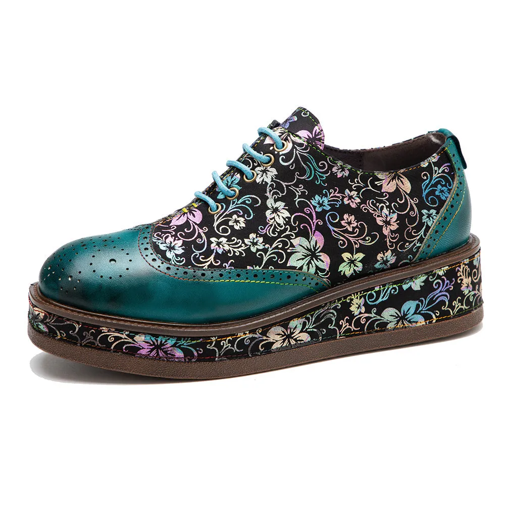 Zalor Green Platform Patterned Leather Lace-up Casual Vintage Shoes