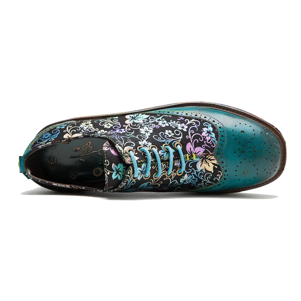 Zalor Green Platform Patterned Leather Lace-up Casual Vintage Shoes